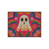 A rectangular polyester doormat with a vibrant, psychedelic design on a hot pink background. In the center is a cute, cartoonish ghost in off-white with yellow and orange outlines; it has large, dark, expressive eyes. The ghost is surrounded by a maximalist pattern of 70s-style floral motifs and puffy clouds in shades of teal, blue, orange, and light pink. Two small, colorful rainbows arc over the ghost's shoulders. The doormat has a durable, textured surface and is framed by a sleek black trim.